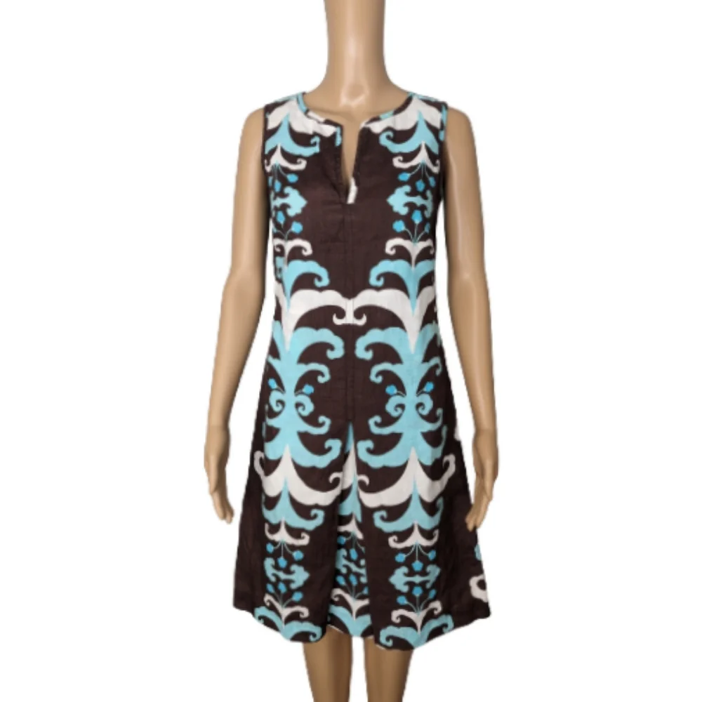 Tory Burch Brown and Turquoise Floral Print Linen Dress 2